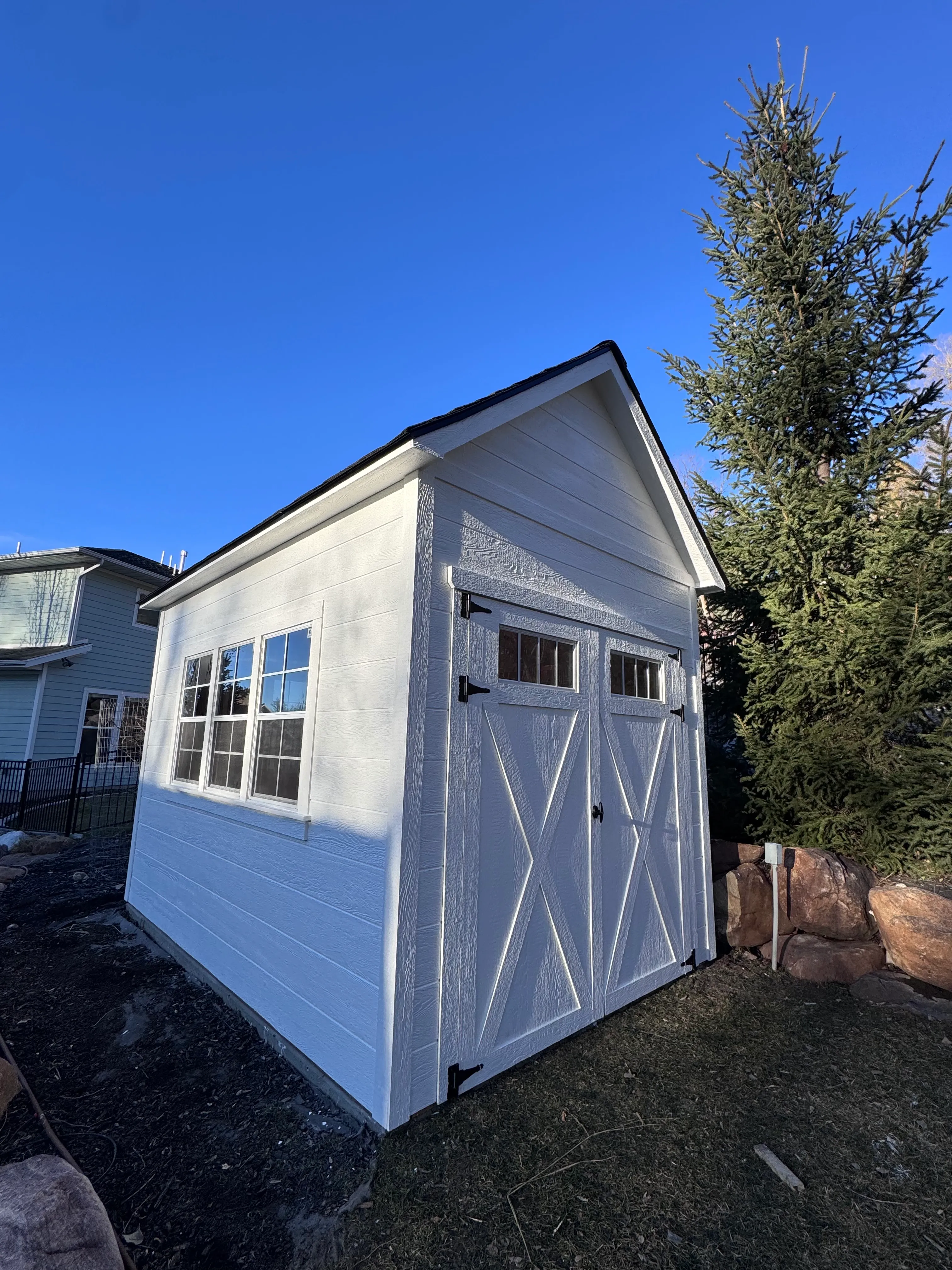 White A-Frame Gable shed built by ShedPro LLC Utah