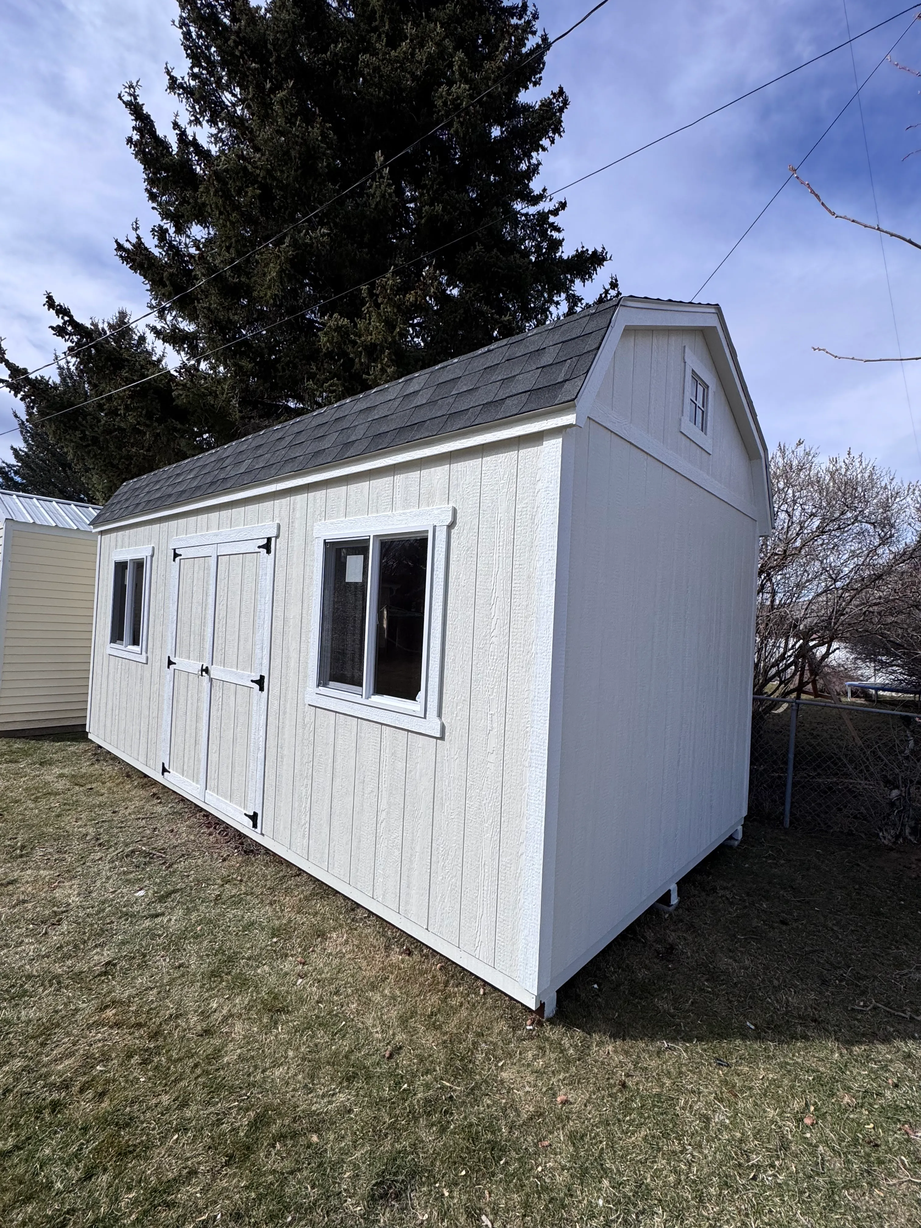 White barn style shed Soda Springs Idaho