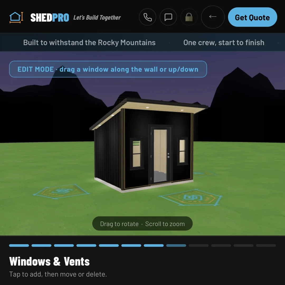 ShedPro Studio with a black single-slope shed on screen, being designed in 3D